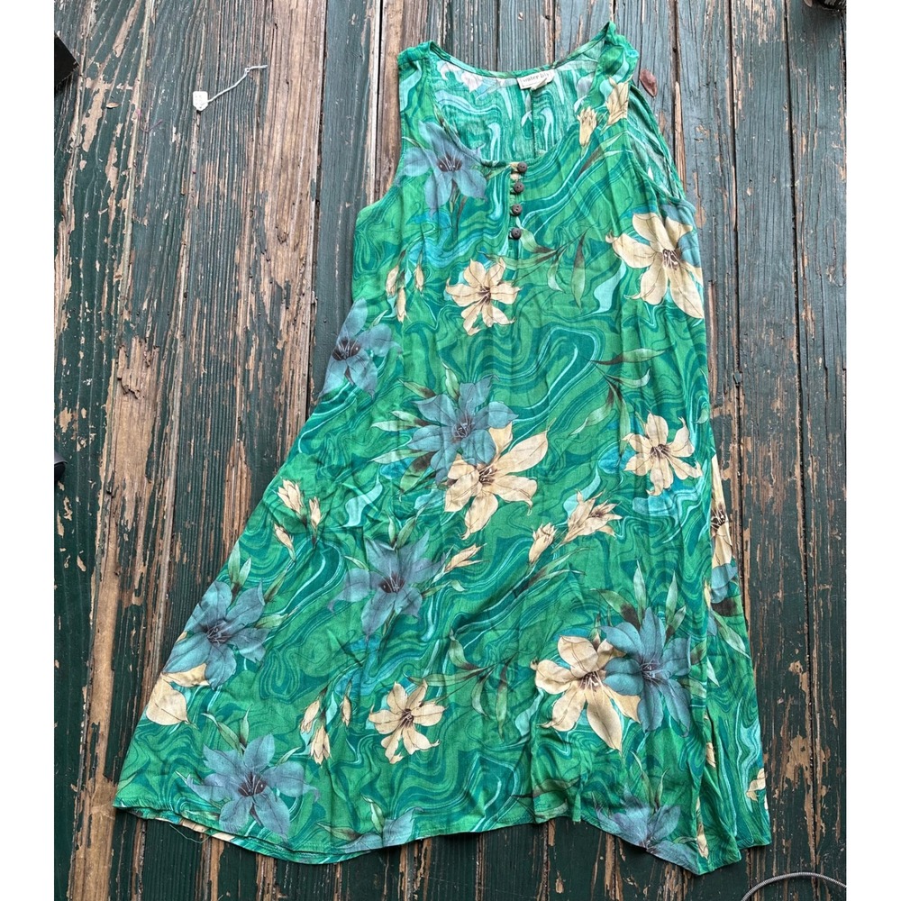 Water Lily Green Floral Marbled Sleeveless Midi Dress XL Wood Buttons A4467
